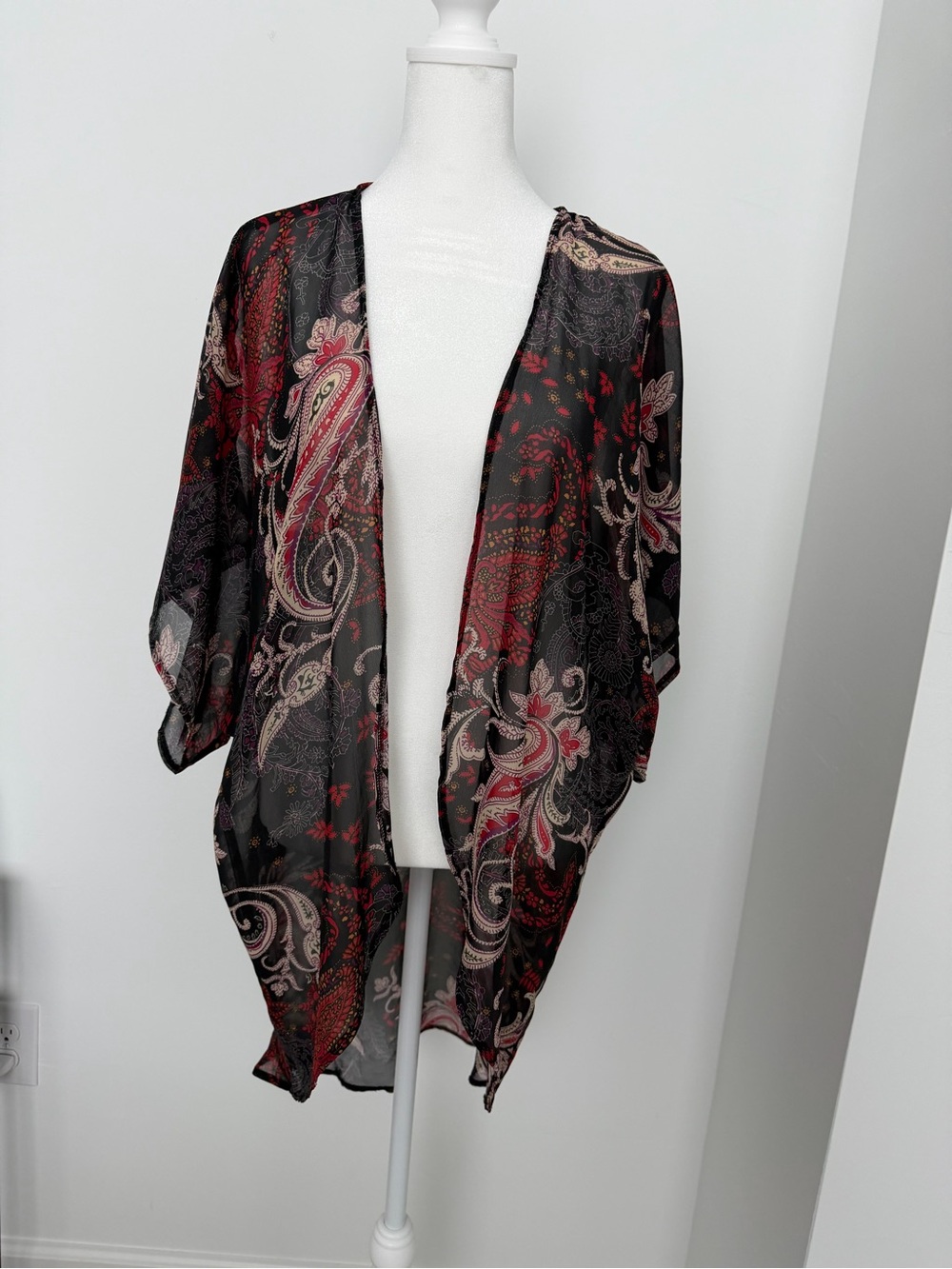Sheer Paisley Open Kimono - Black with Red and Cream Accents